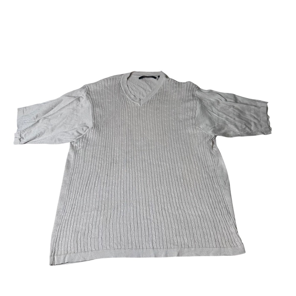 Bachrach Mens XXL Beige Cable Knit V-Neck Short Sleeve Cotton Sweater Italy